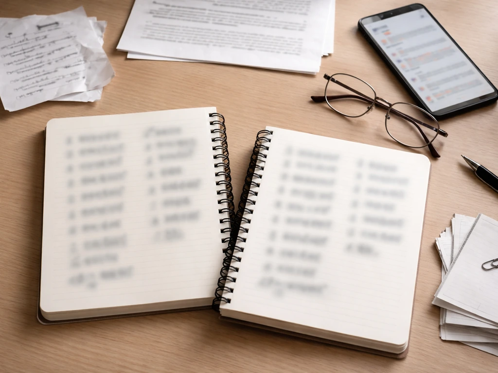 Minimal desk scene with two open notebooks and blurred web/article pages implying conflicting net worth sources.