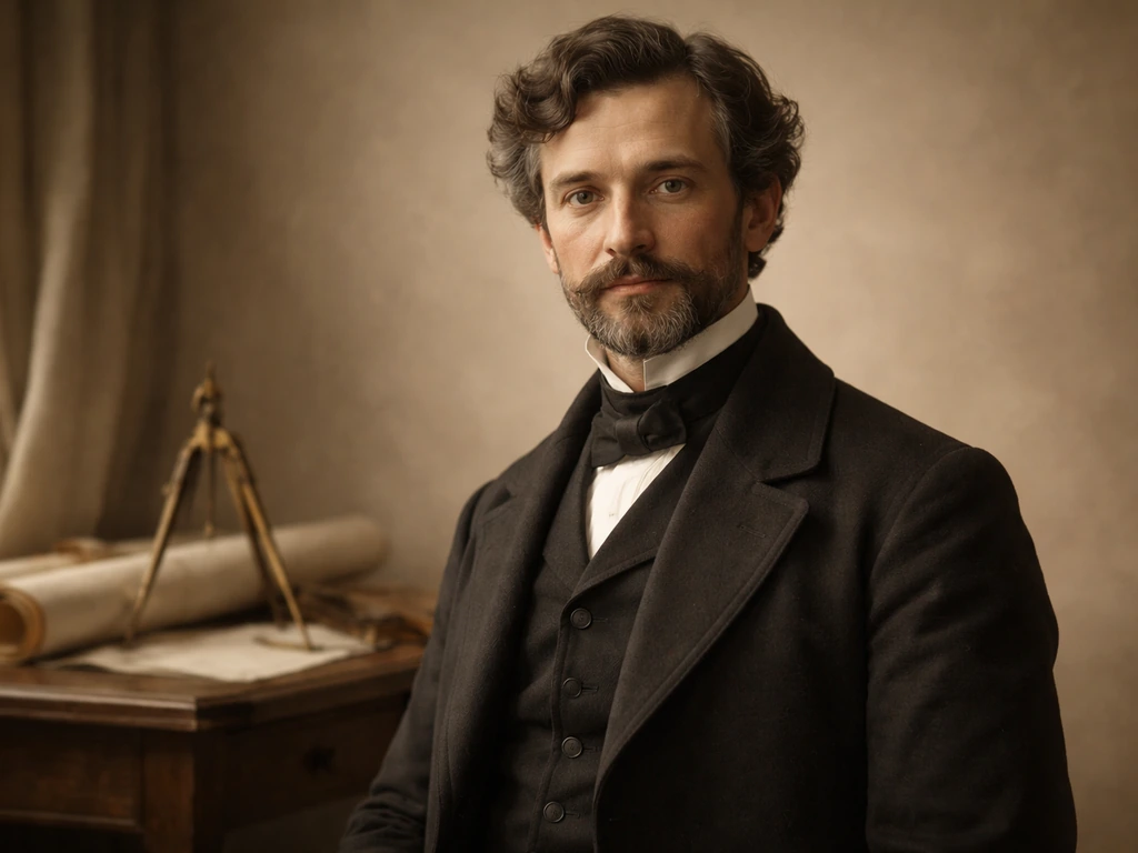 Vintage-looking 19th-century engineer standing by a desk with drafting tools, softly lit archival portrait feel.