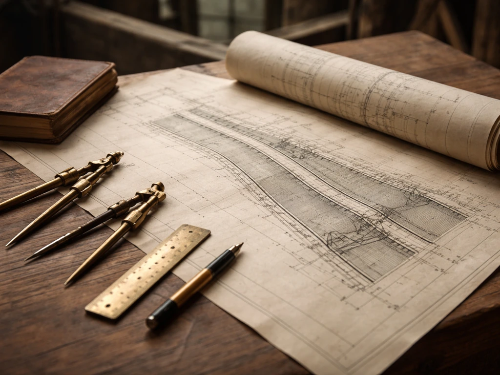 Closeup of a late-19th-century canal blueprint and brass drafting tools on a wooden table.