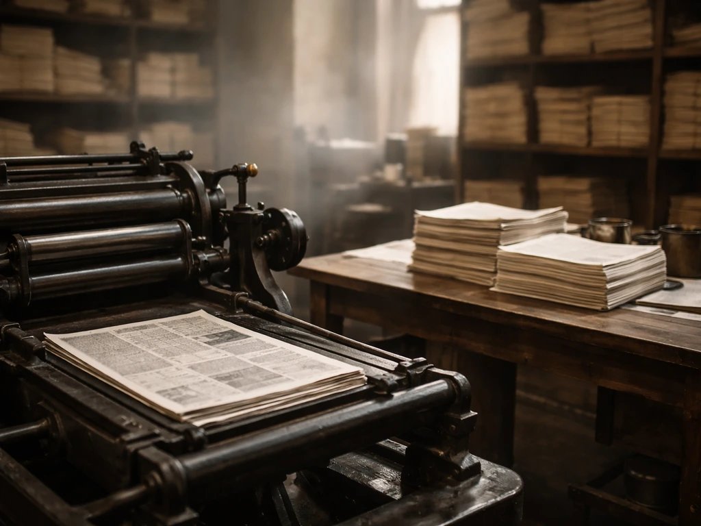 Early 1900s newsroom print press with stacked newspapers on a wooden desk, dim industrial light.