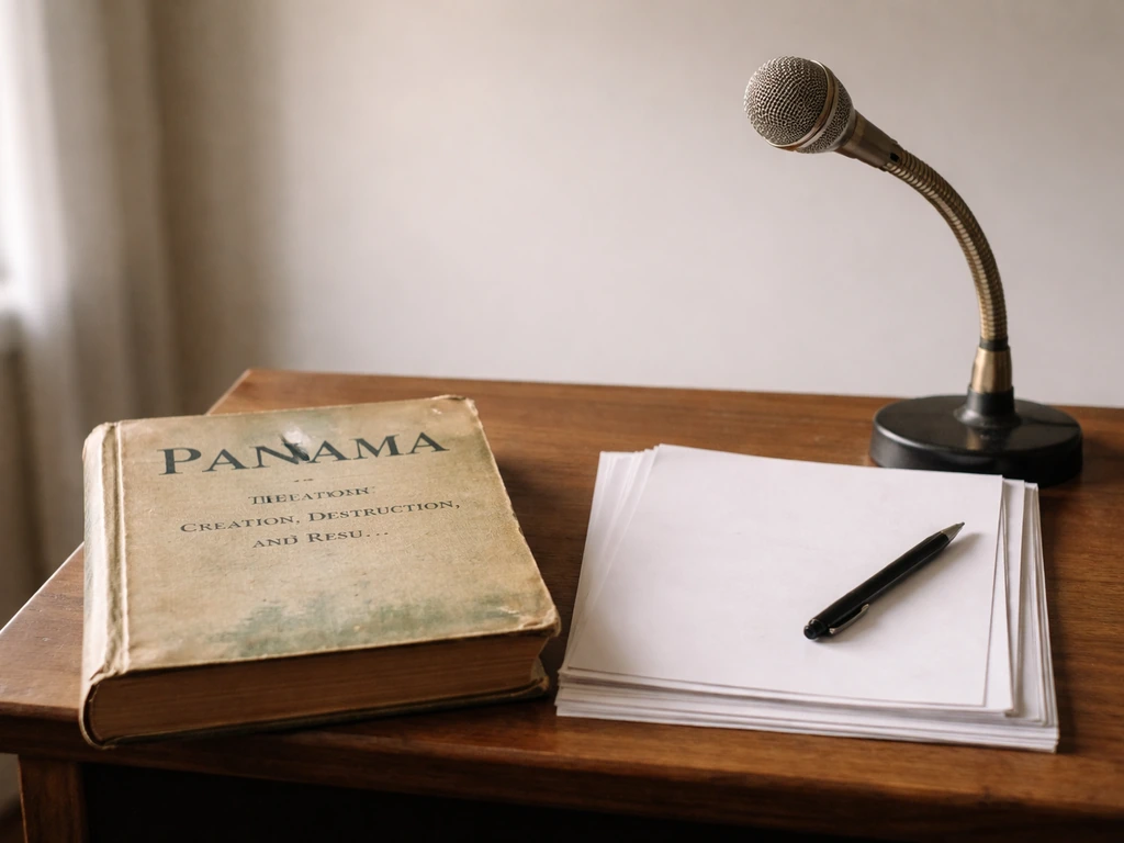 A worn book titled “Panama…” next to a small podium with blank lecture notes and a vintage microphone.