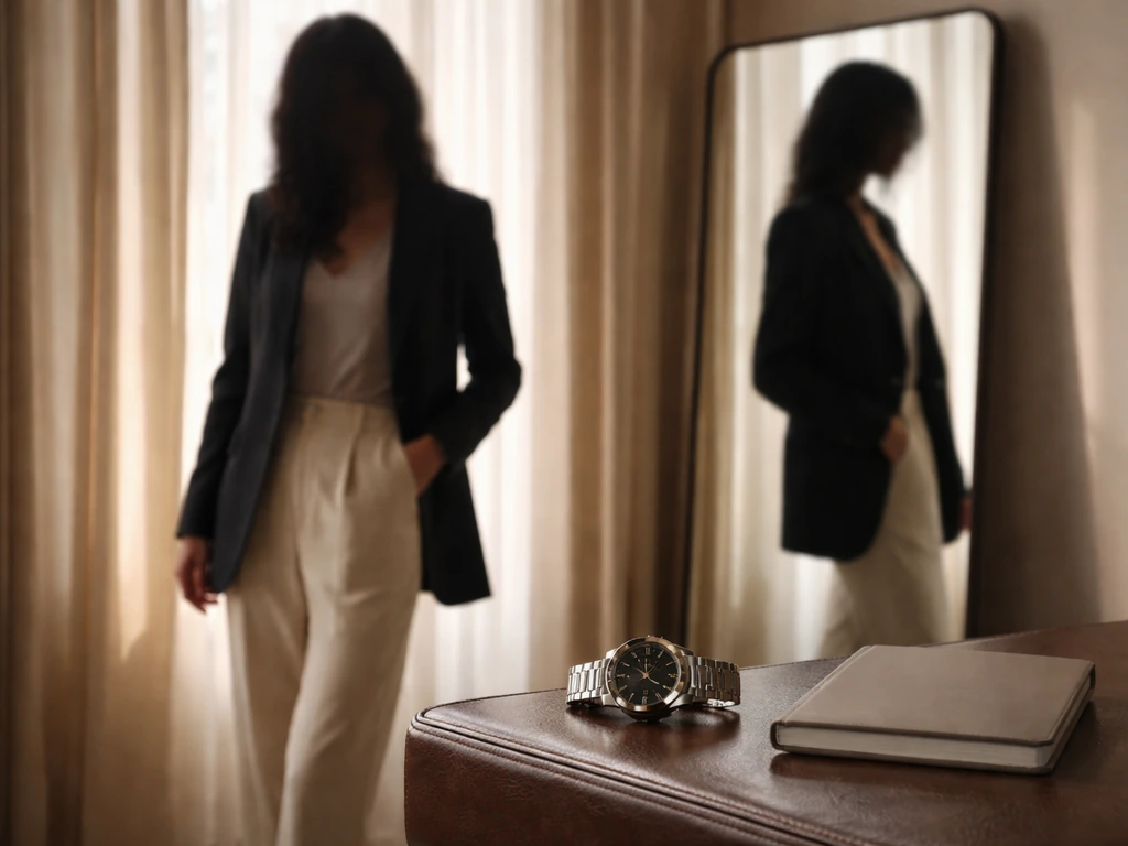 Anonymous fashion model in a studio with luxury watch and mirror, symbolizing wealth and media analysis.