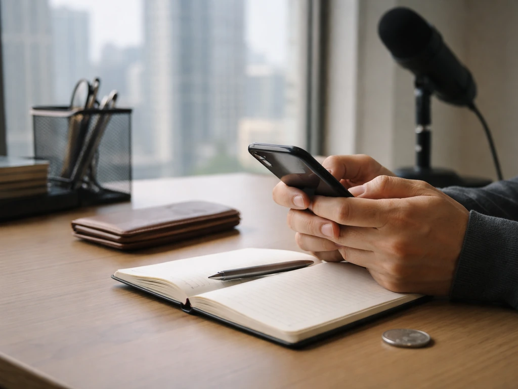 Minimal desk scene with phone, notebook, wallet, and coin beside a blurred city window and microphone.