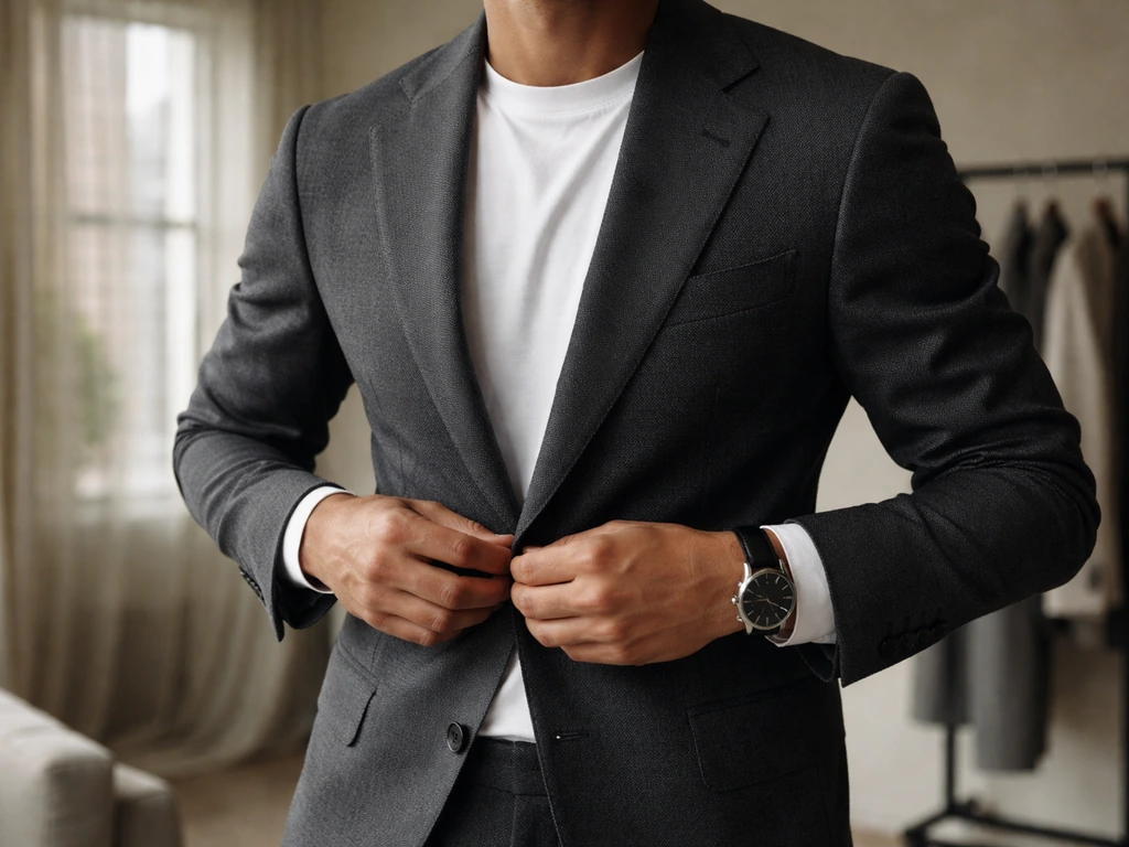 Anonymous fashion model adjusting a tailored blazer in a quiet upscale studio with a clothing rack