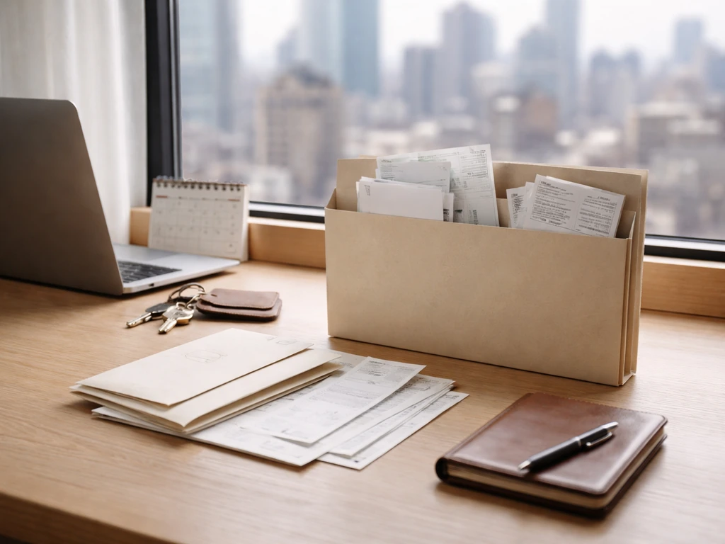 Minimal desk scene with a city skyline view and a folder of real-estate papers, symbolizing expenses and assets.