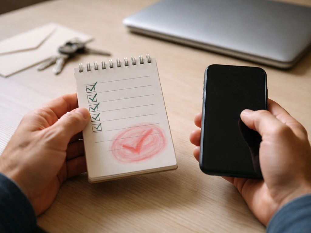 Anonymous hands checking a small notepad and phone on a desk, symbolizing verification of money estimates.