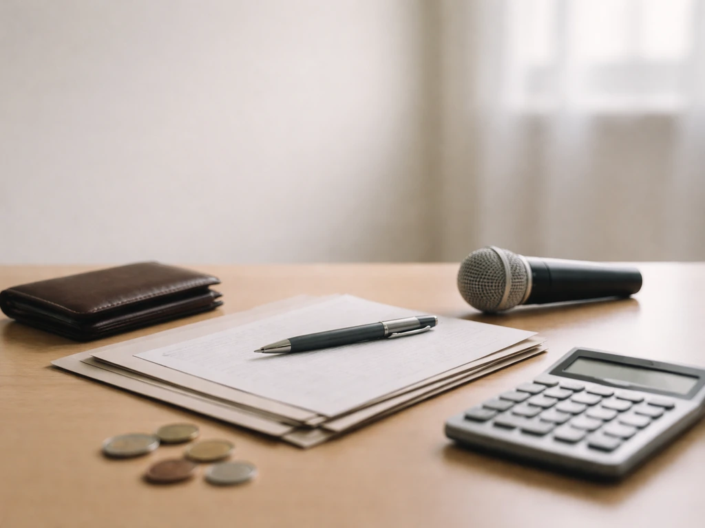 Minimal desk scene with scattered documents and a calculator, symbolizing net worth estimates without showing any person