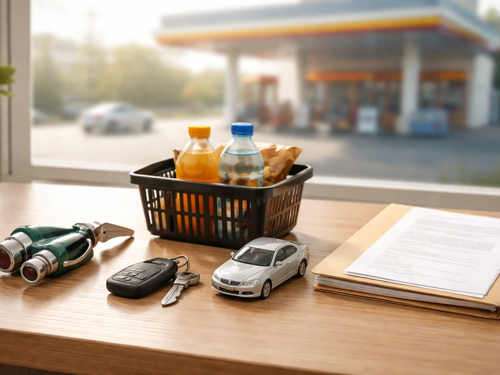 Minimal desk scene with items symbolizing fuel stations, convenience retail, and car dealerships.