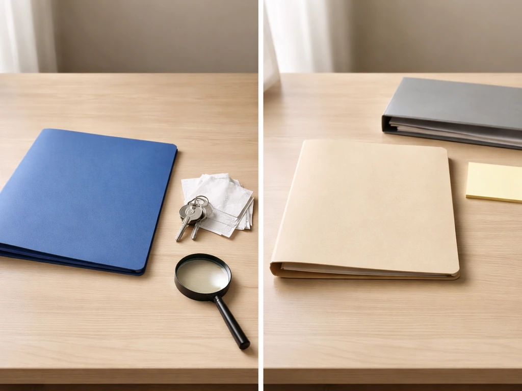 Desk photo split between documents and an empty binder to suggest public record vs unknown.