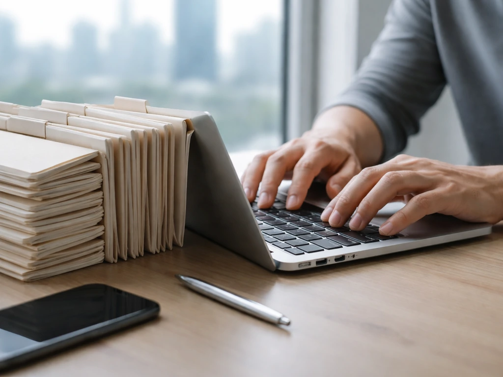 Close-up of a laptop search and property records folder with a subtle city skyline backdrop