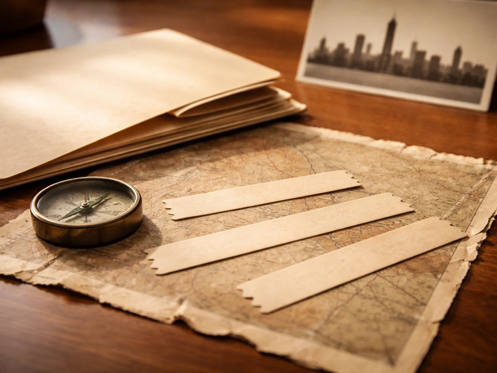 Warm desk scene with an old map, compass, and blank timeline-like paper strips suggesting Chicago origins.