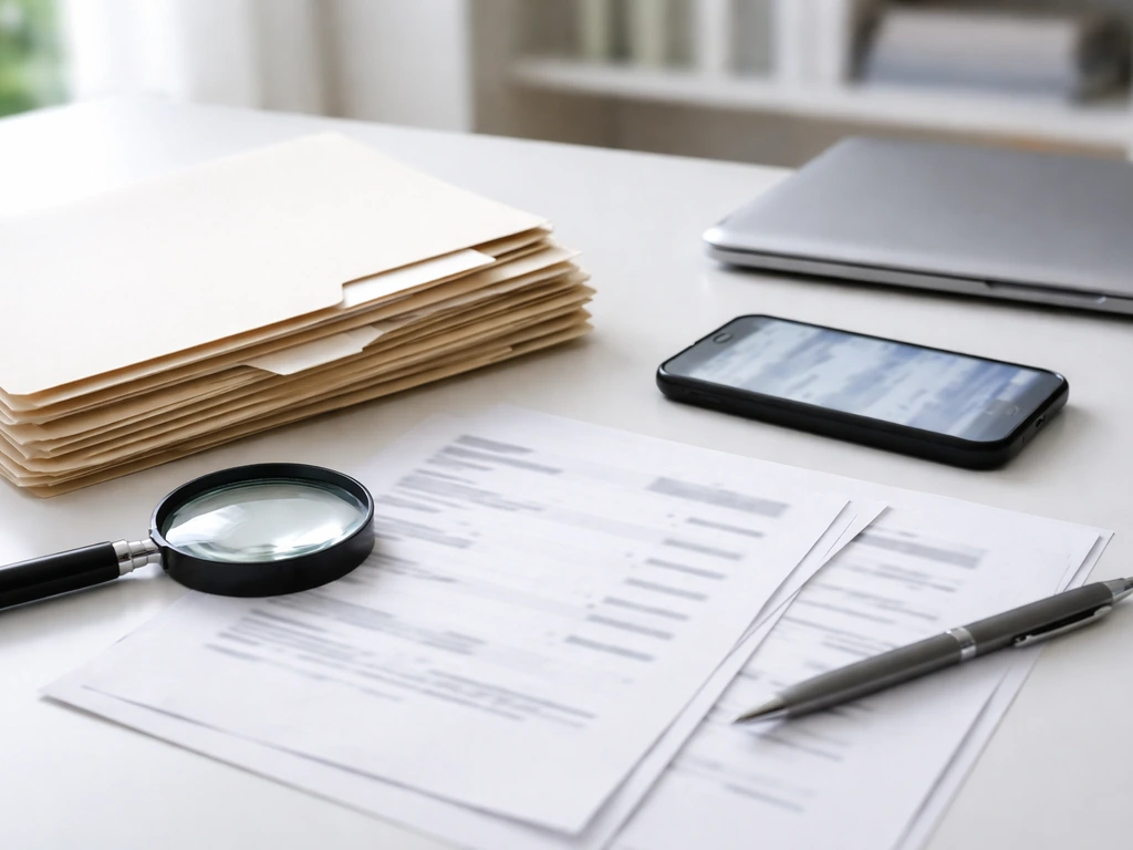 Minimal desk scene showing printed public-records folders and a smartphone with blurred news headlines