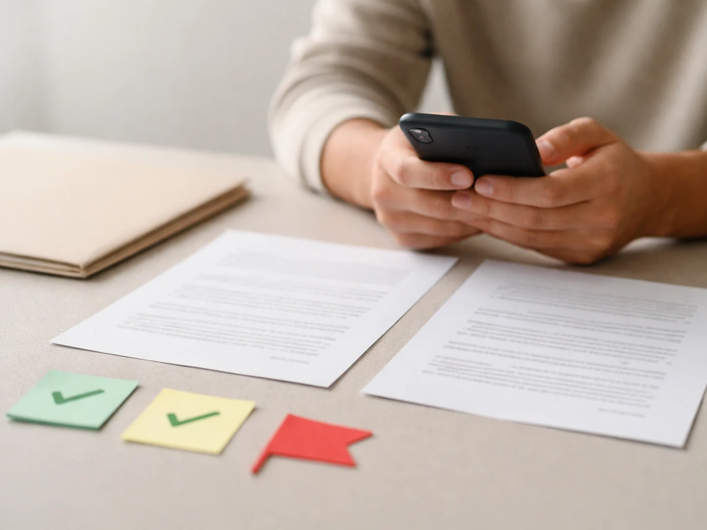Hands comparing printed documents on a desk with subtle check and red-flag sticky notes.