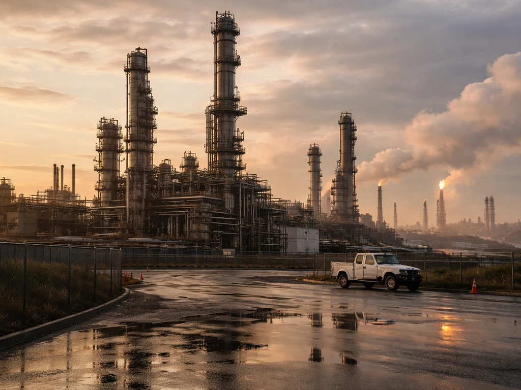 Moody oil refinery with towering equipment and distant flare glow under natural golden-hour light.