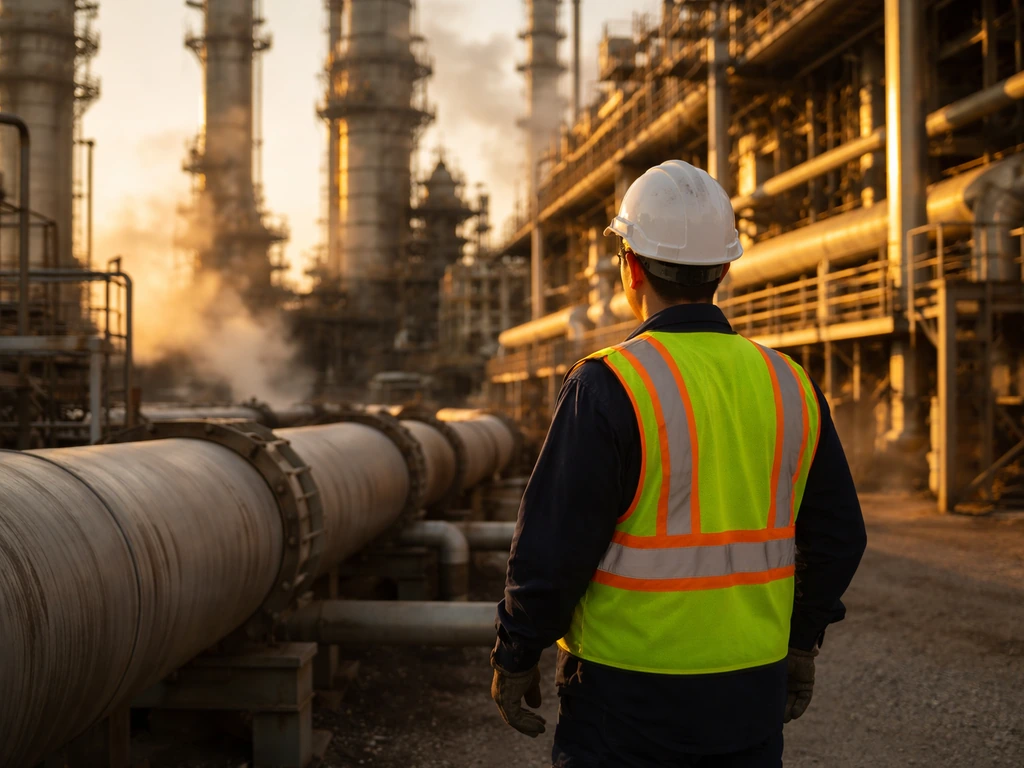 Anonymous worker by a Texas oil refinery pipeline with refinery towers in soft background haze.
