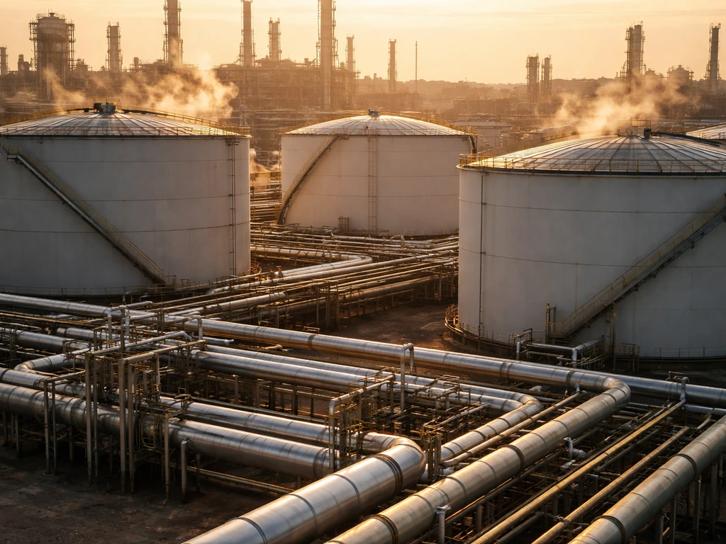 Minimal view of petroleum refinery tanks and pipelines, steam rising at golden hour, showing refining as the core source