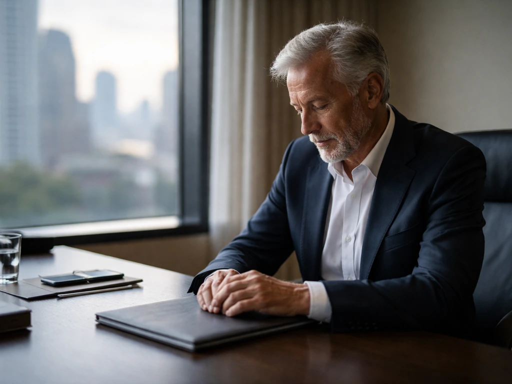 Older executive in a dark suit seated in a quiet office by a window with a blurred city view.