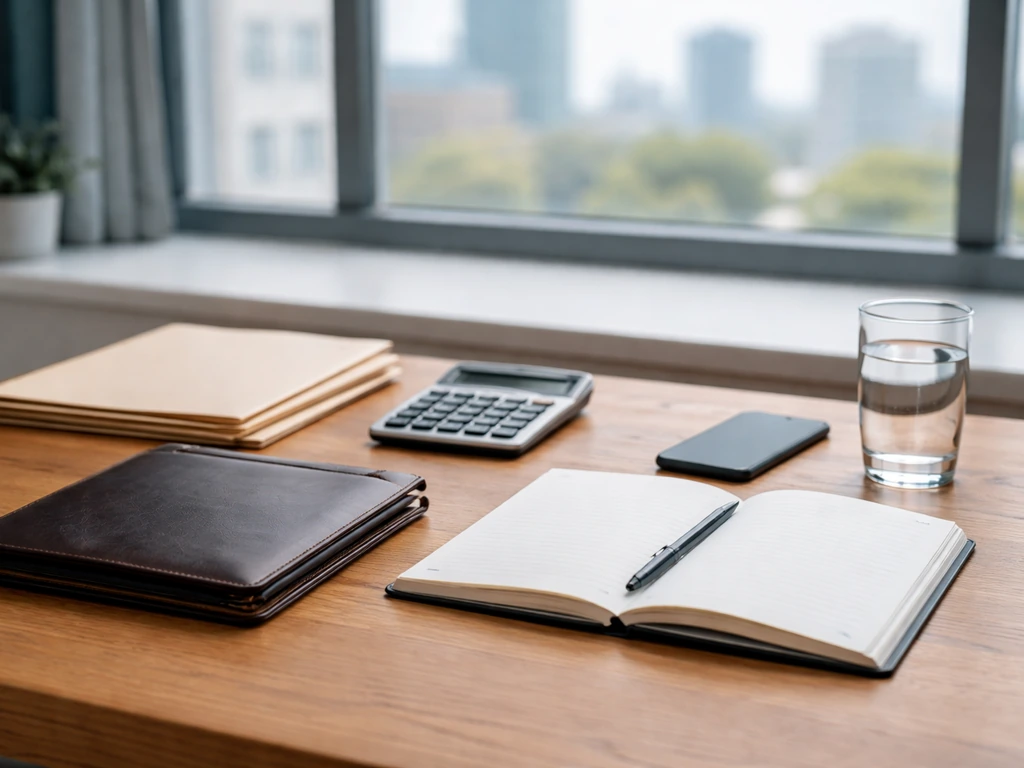 Minimal photo of a finance desk with notebook, calculator, and folders suggesting executive net worth calculation
