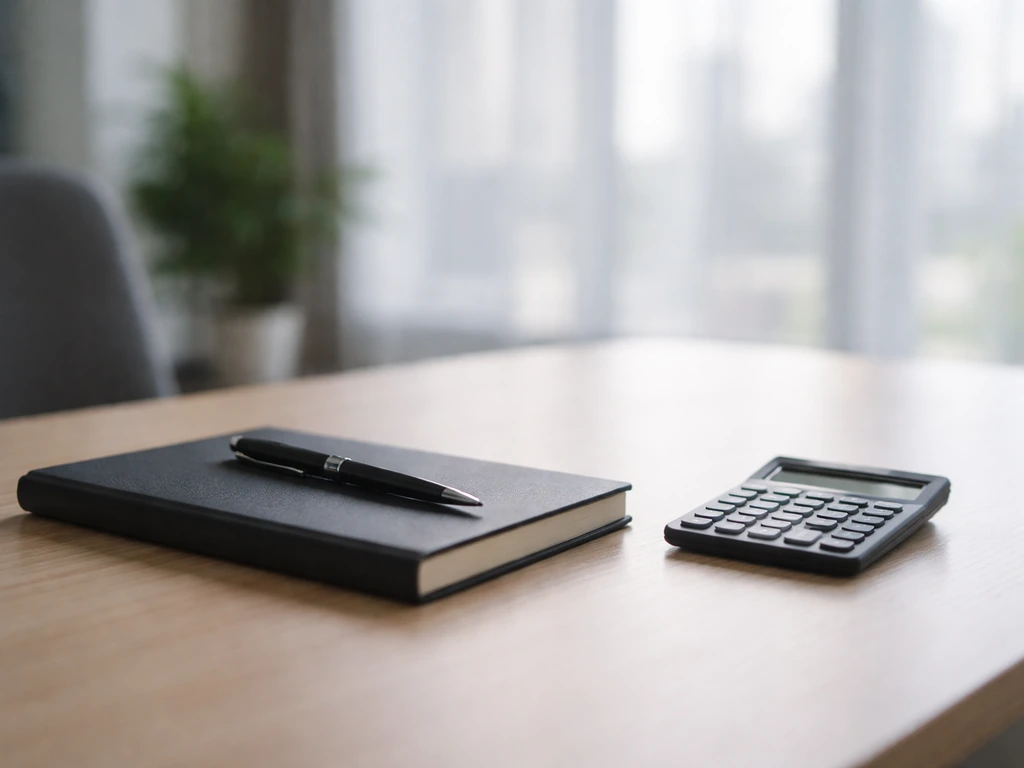Minimal office desk with a single closed notebook and a pen beside a calculator, lit by natural window light.