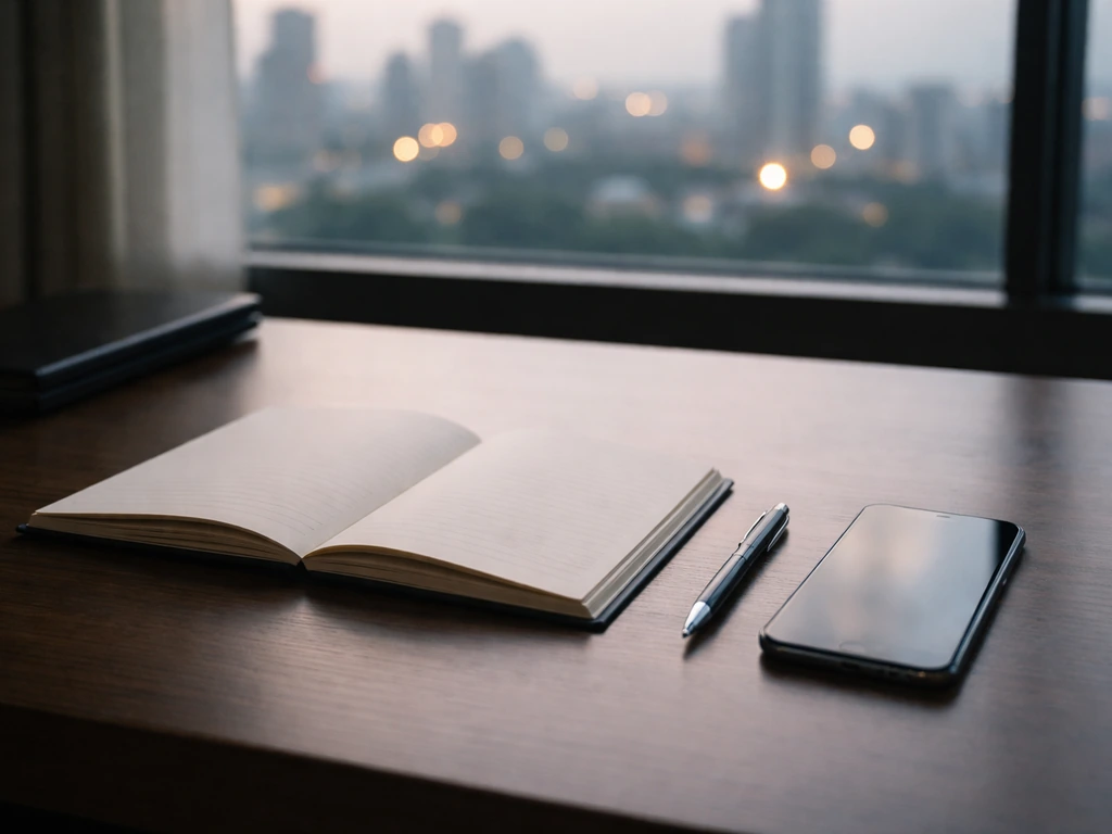 Minimal desk scene with a notebook and smartphone beside a blurred city view, symbolizing wealth change over time