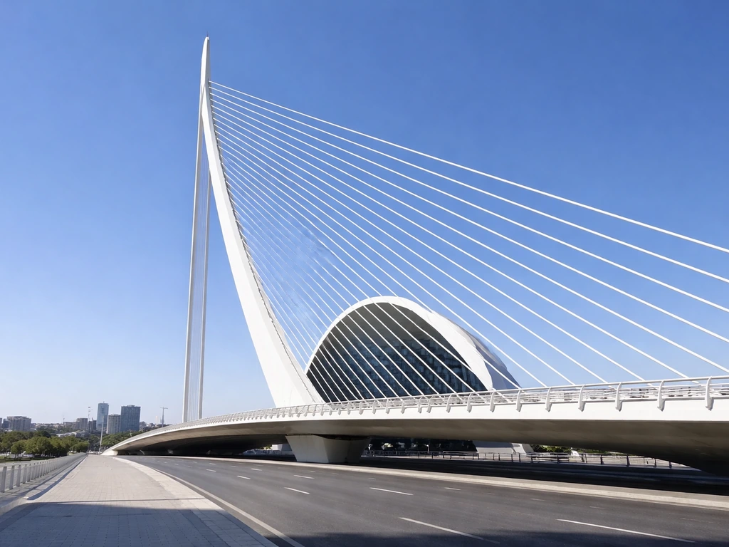 Minimal view of a modern Santiago Calatrava–style bridge with city skyline, suggesting the architect