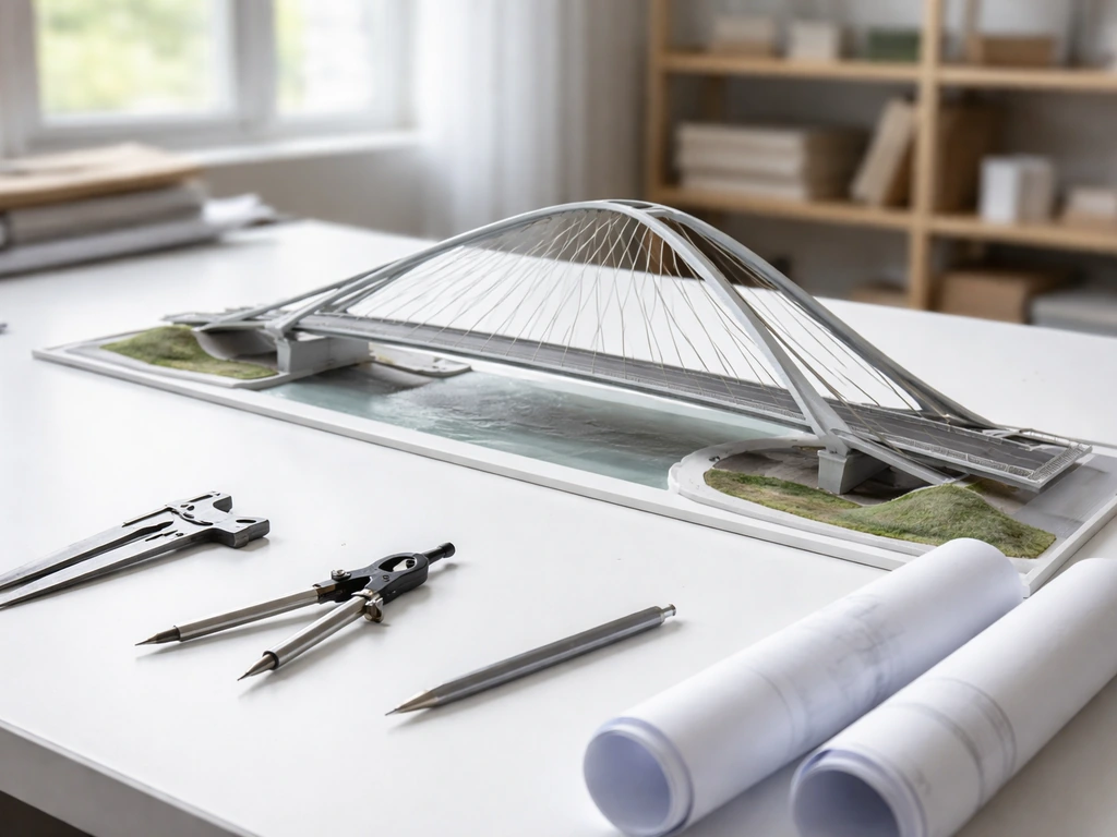 Architect’s workbench with bridge/structure model and tools in a quiet studio
