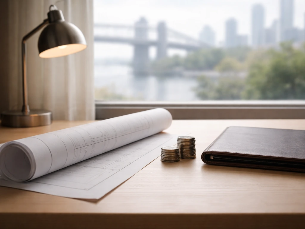 Minimal photo of an empty desk with a bridge blueprint and coins, suggesting career milestones over time