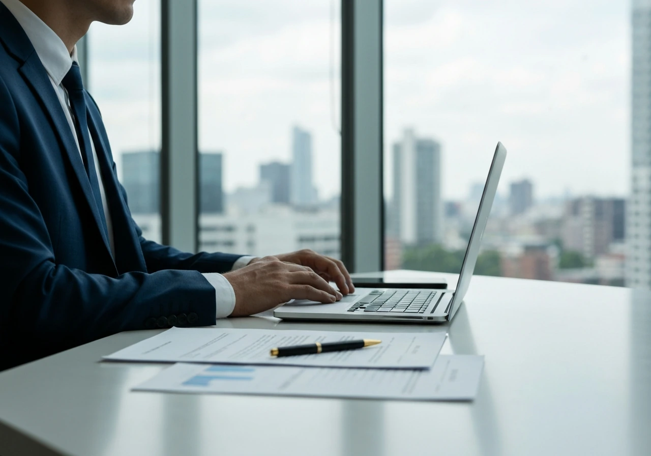 Anonymous investment banker at a clean office desk with laptop and documents, overlooking city buildings