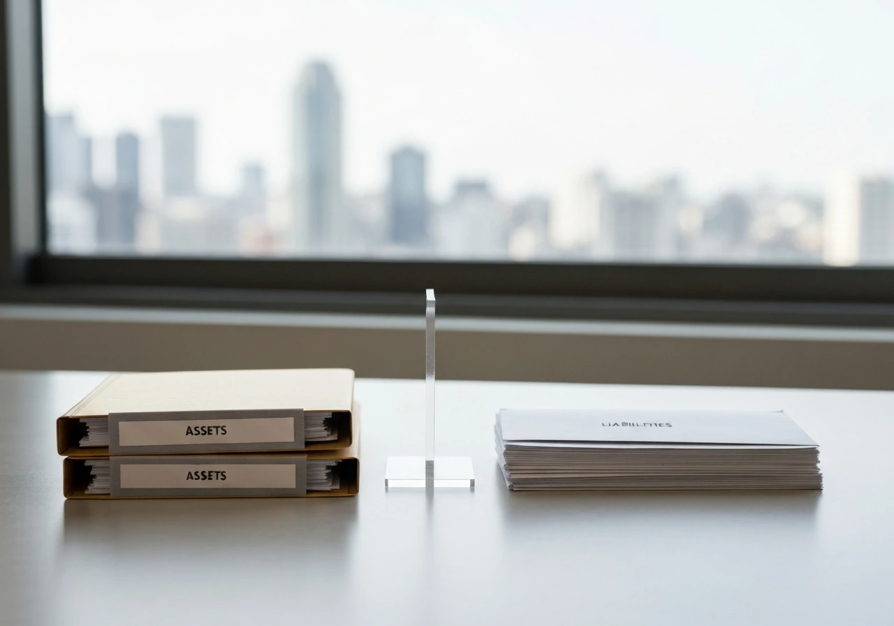 Minimal desk scene with blank documents and envelopes suggesting assets minus liabilities for net worth.