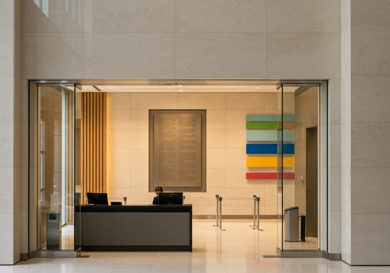 Modern financial office entrance with Credit One–style branding elements and a calm lobby