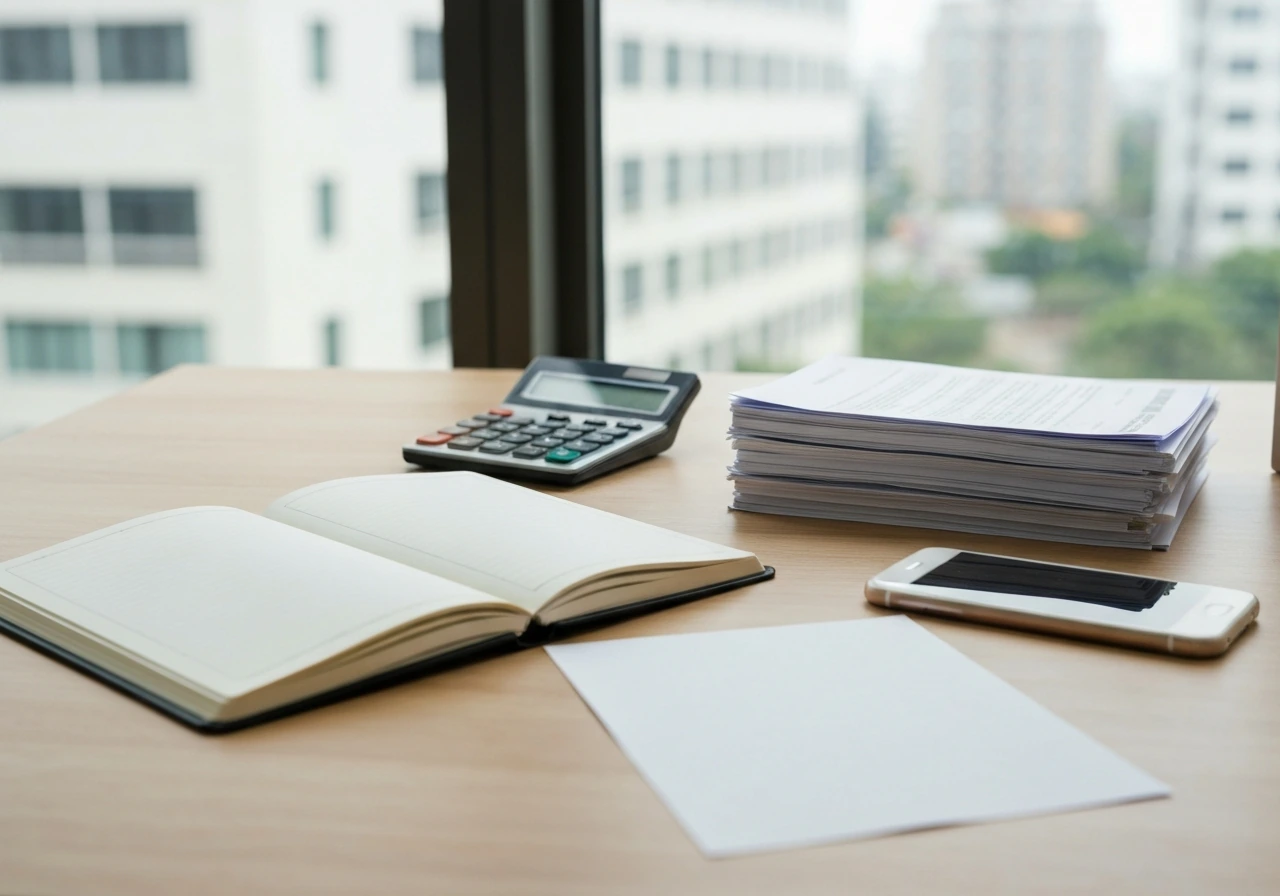 Minimal home office desk with calculator and separate document stacks symbolizing net worth inclusion vs exclusion.