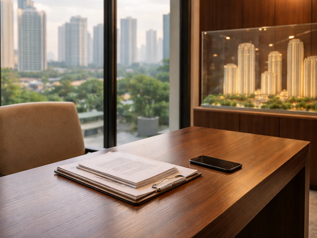 Upscale empty real-estate office desk with property documents and distant city skyline through windows.