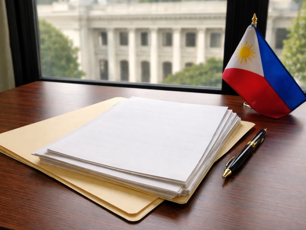 Close-up of legal documents on a desk with a small Philippine flag, implying an SEC complaint theme.