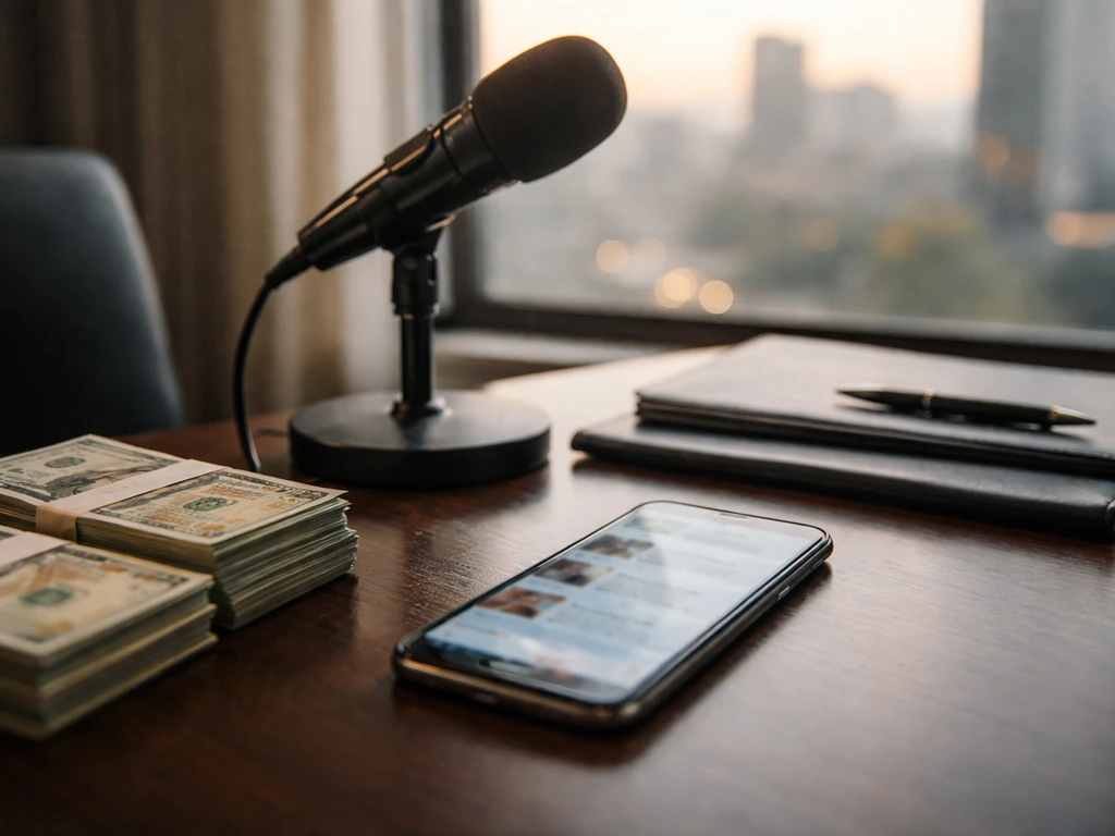 Anonymous office desk with smartphone, microphone, and cash, symbolizing media-linked financial estimates