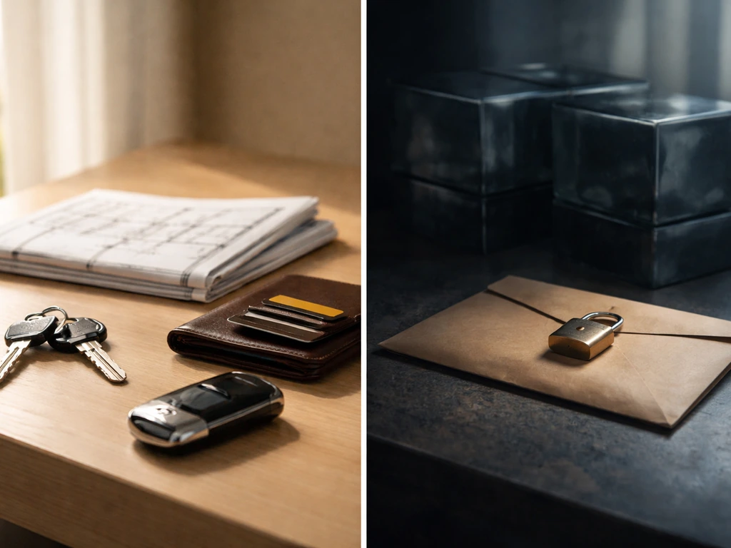 Split-scene of countable assets versus hidden offshore-style money, shown through simple objects and shadows.