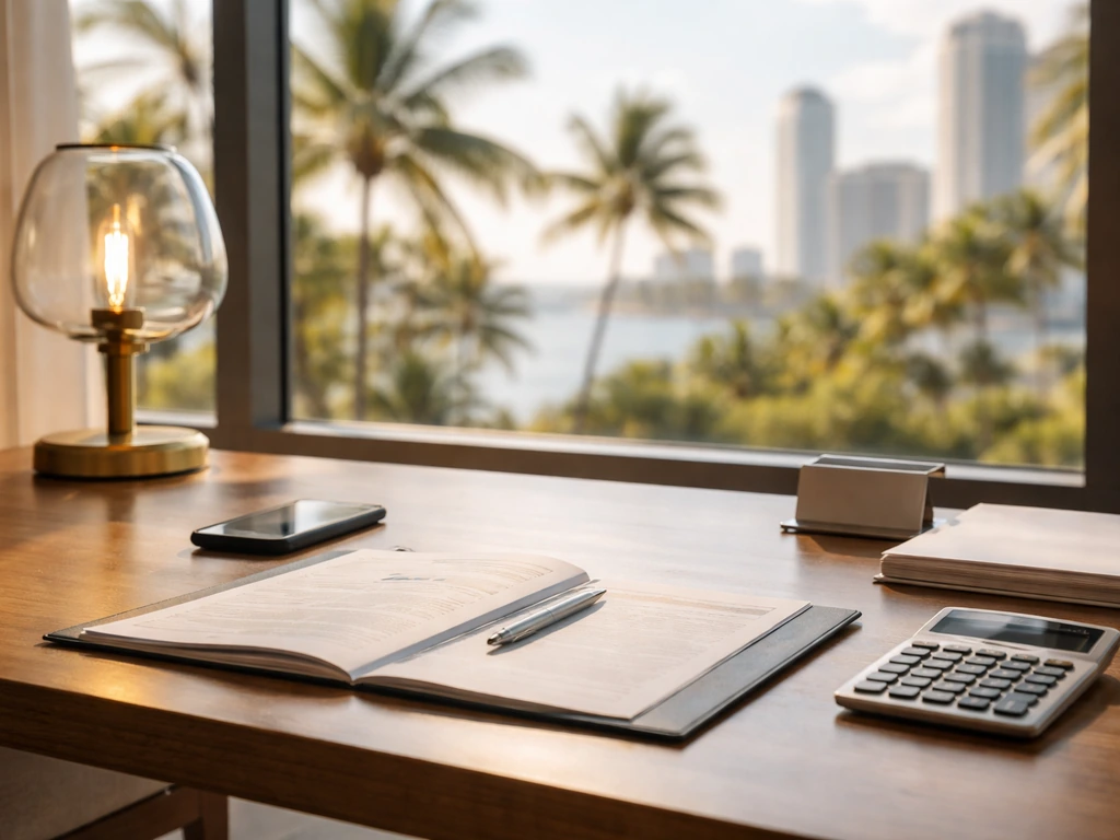 Minimal Miami insurance-office desk with documents, calculator, and city skyline through a window—no people.