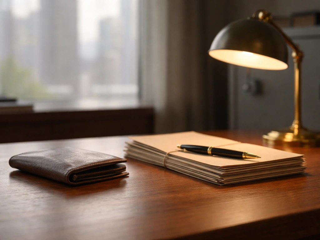 Minimal desk scene with wallet and documents beside a city view, symbolizing income and business equity.