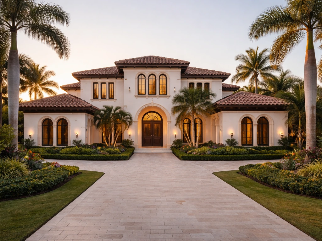 Upscale South Florida home exterior in golden-hour light, symbolizing real-estate wealth storage.
