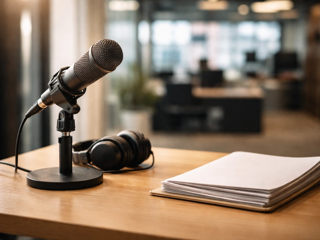 Minimal media studio desk with microphone and headphones, blurred TV/newsroom background, no people.