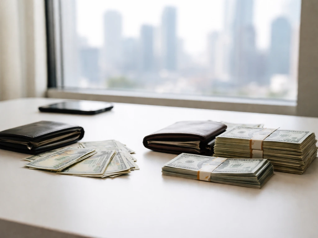 Minimal office desk with scattered cash and bundled bills suggesting a wide net-worth estimate range.