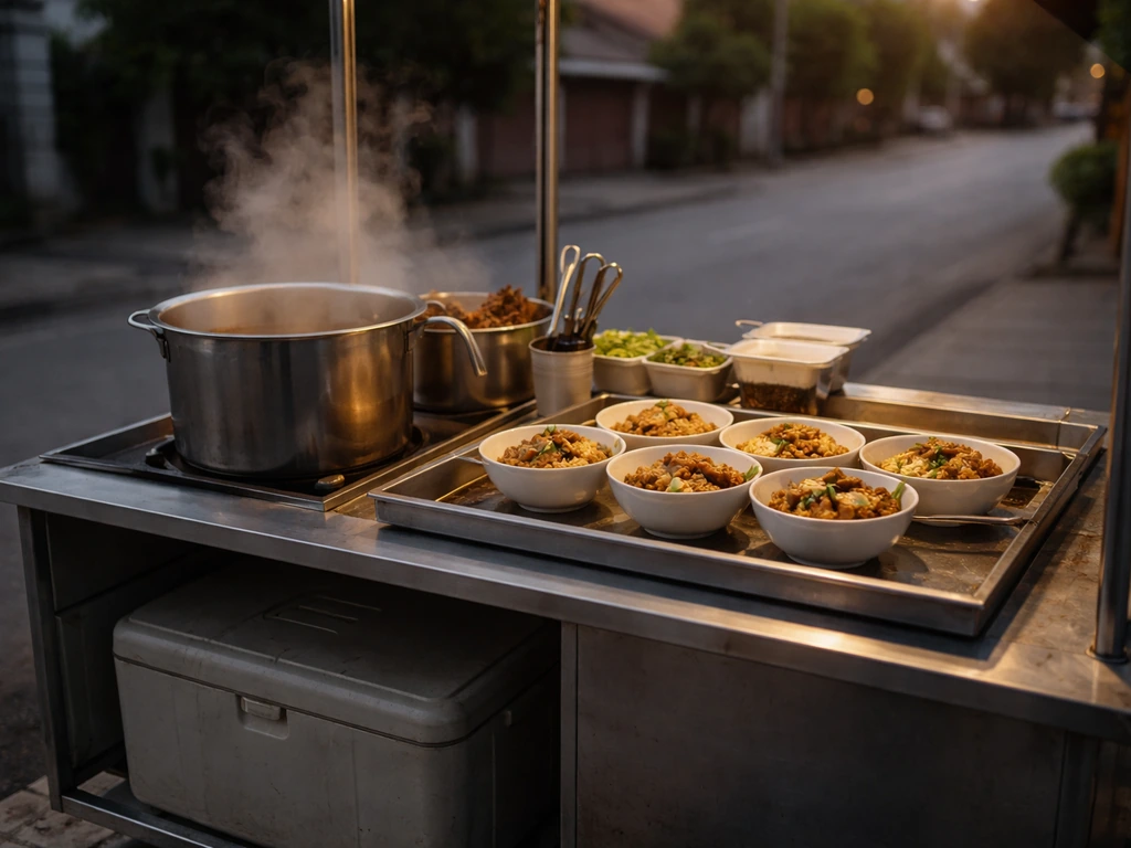 A roving pares food stall cart with steaming bowls and simple business essentials in an empty street setting.