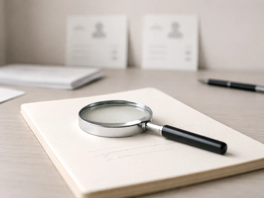Magnifying glass over a notepad with blurred money figures and two subtle ID-card silhouettes for disambiguation
