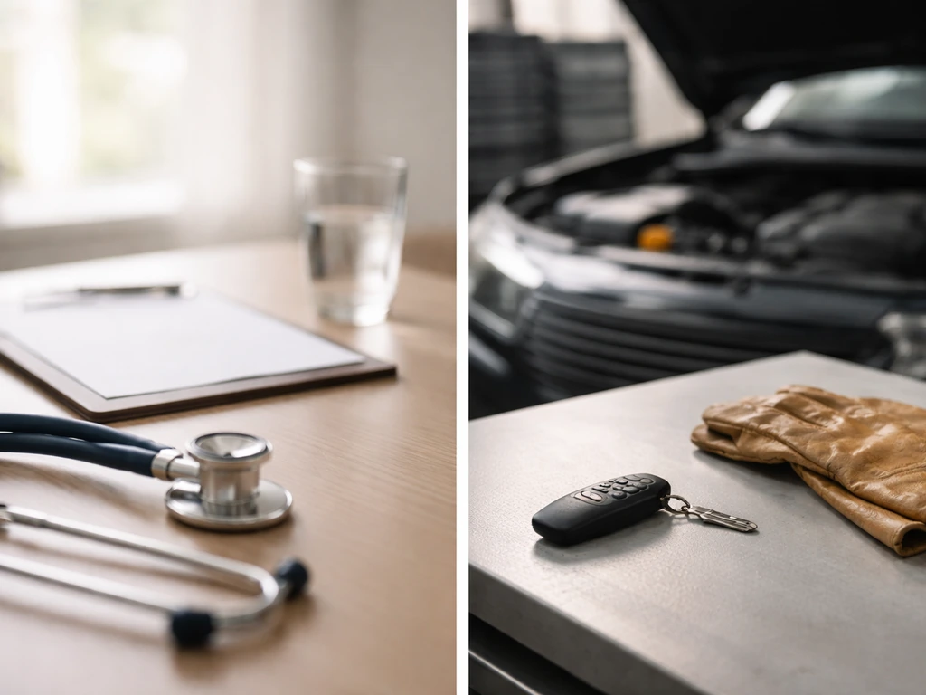 Two separate symbolic business scenes showing distinct identities: a medical-styled desk and an automotive workshop sett
