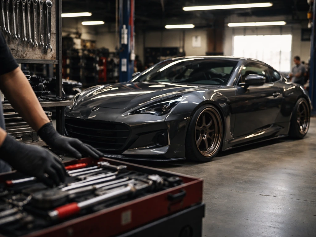 Close-up of a car customization shop workspace with tools and a customized vehicle in Long Beach Auto-Tech style