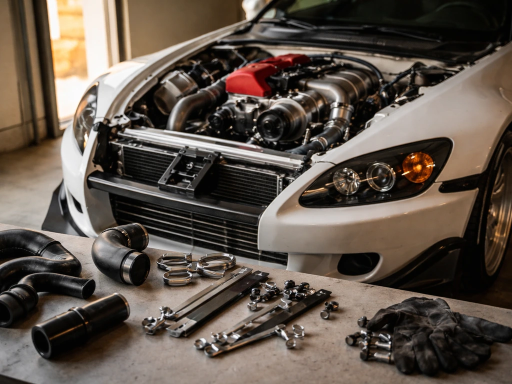 Close-up of aftermarket sports car build parts in a quiet garage workbench scene.
