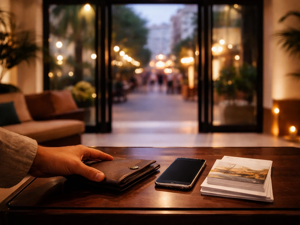 Dusk view of an Ibiza hotel lobby with a concierge desk and wallet, suggesting nightlife and business finance.