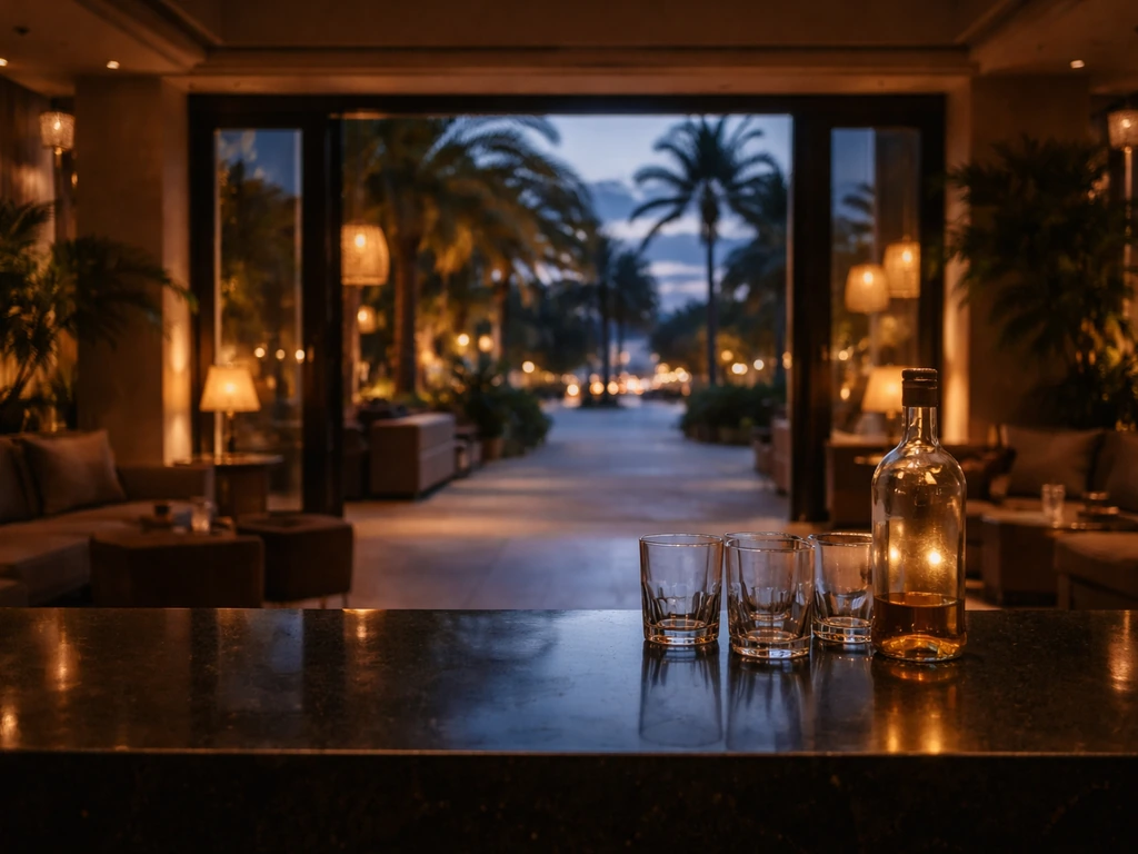 Ibiza hotel lobby at dusk with warm lights and a quiet bar counter, symbolizing tourism and nightlife