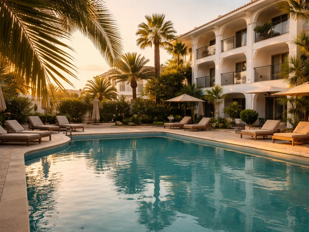 Golden-hour view of an Ibiza hotel pool and courtyard suggesting hospitality and tourism revenue