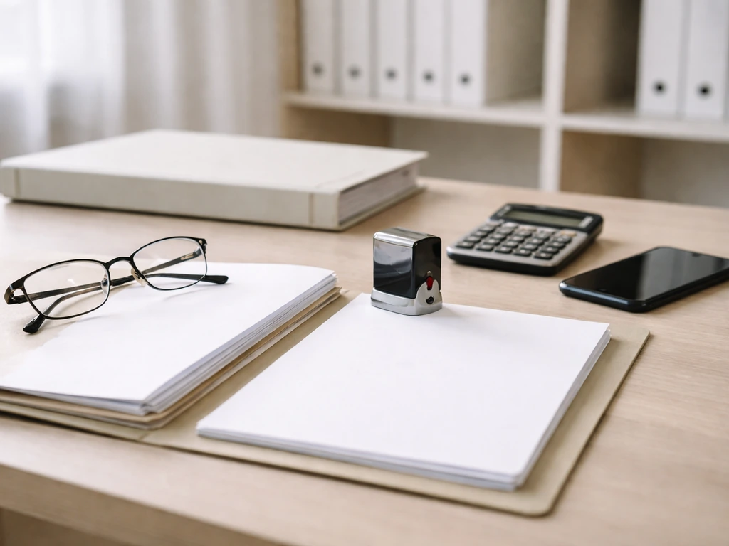 Minimal desk photo with blank documents, calculator, glasses, and phone suggesting net-worth verification steps.