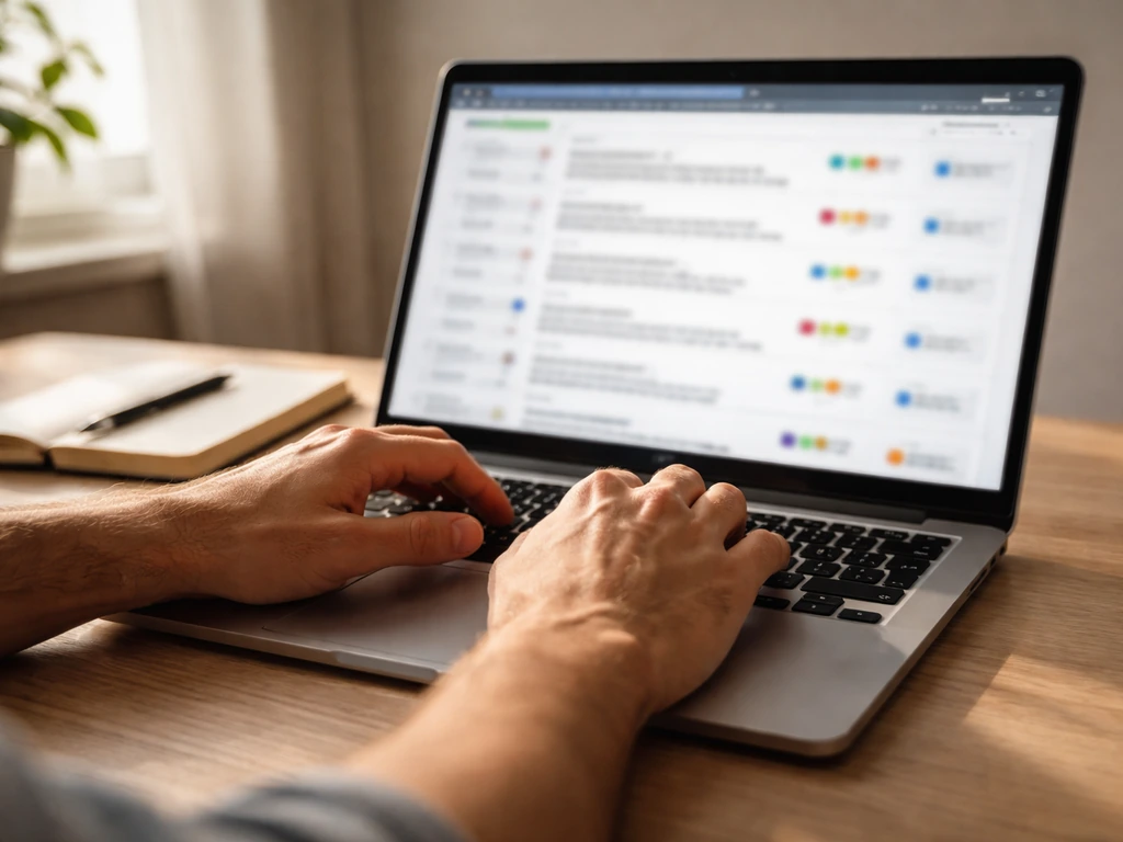 Close-up of hands using a laptop to fact-check, with a blurred online registry-style page on screen.